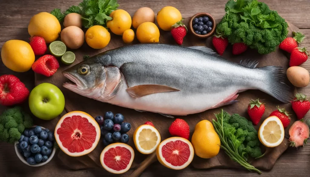 Mesa de madeira com alimentos anti-inflamatórios, incluindo salmão, nozes, frutas vermelhas, vegetais verdes, azeite, cúrcuma, gengibre e chá verde.