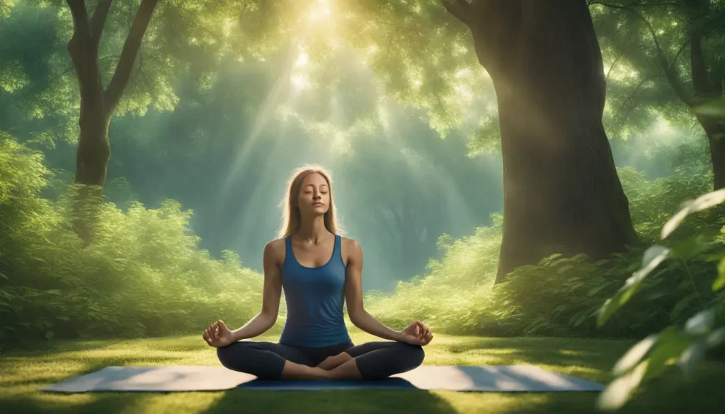 Pessoa calma praticando exercícios de respiração em um parque tranquilo, sentada de pernas cruzadas em um tapete de yoga, cercada por árvores verdes e céu azul.