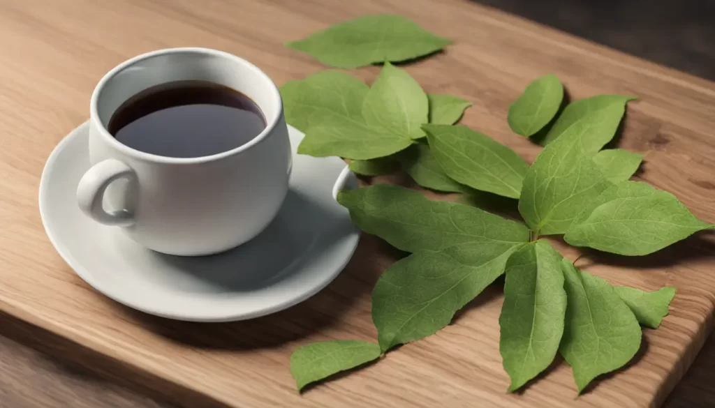 Xícara de chá verde fumegante cercada por folhas de ervas desintoxicantes em uma mesa de madeira, destacando os benefícios dos chás detox para a saúde.