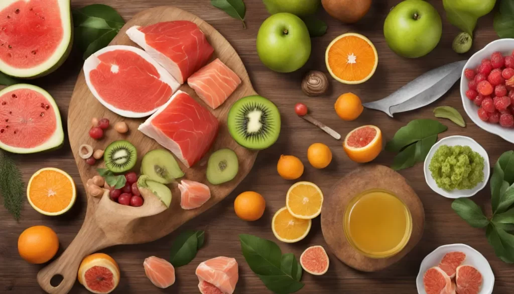 Mesa com prato de salmão grelhado, cúrcuma, gengibre, nozes, frutas vermelhas, abacate e folhas verdes, ilustrando alimentos anti-inflamatórios.