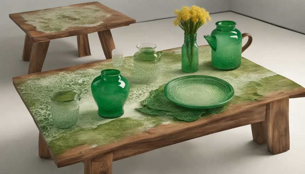 Imagem de uma mesa com chaleira, xícaras de chá, folhas de chá verde, camomila e hortelã, bules de vidro com chá verde e camomila e uma jarra de água quente.