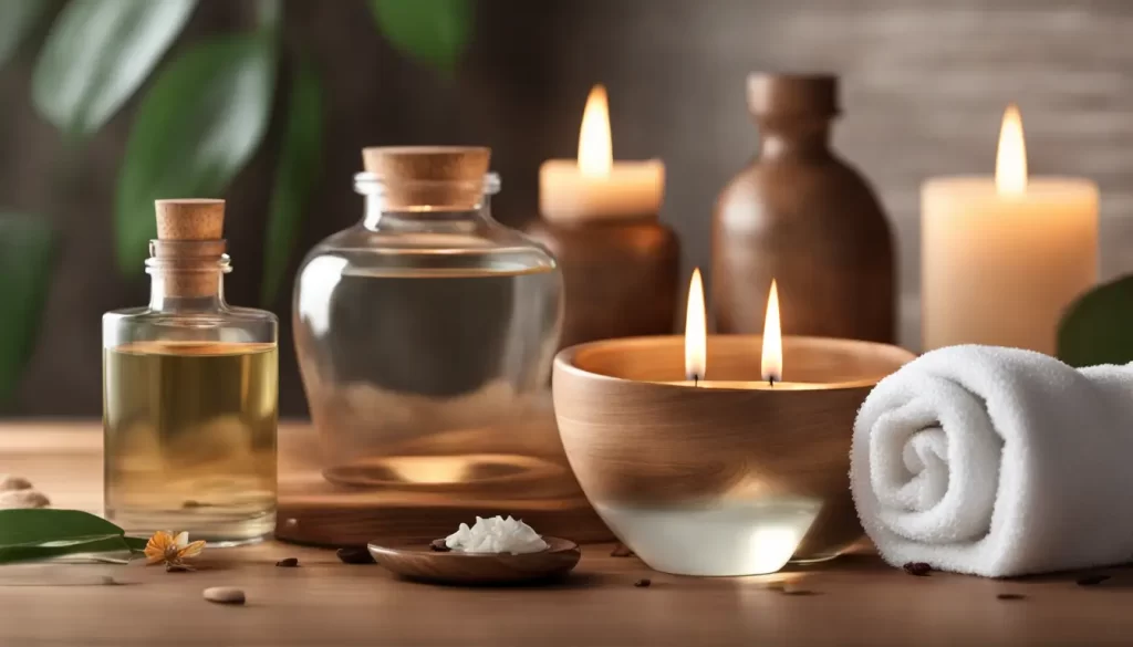 Ambiente de spa tranquilo com mesa de madeira, frascos de óleos essenciais, folhas de ervas, vela acesa e difusor de aroma.