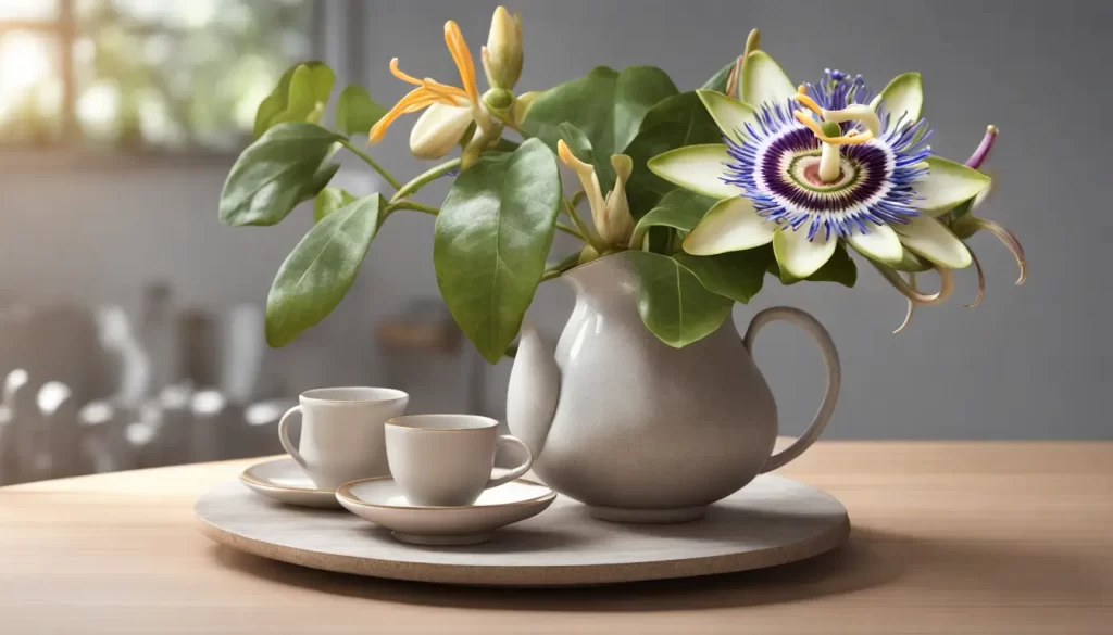 Chá de passiflora em uma xícara de cerâmica branca, com flores e folhas de passiflora frescas sobre uma mesa de madeira clara, luz suave ao fundo.