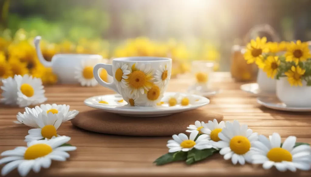 Xícara de chá de camomila em uma mesa de madeira com flores de camomila ao lado e um jardim ensolarado ao fundo, ilustrando relaxamento natural.