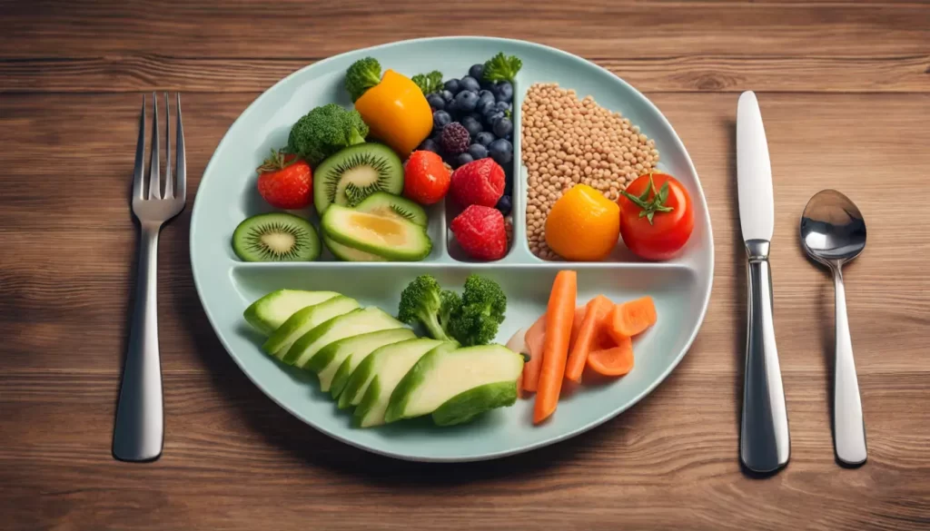 Prato colorido dividido em quatro seções com vegetais, frutas, grãos e proteínas, com um copo de água e talheres ao lado em uma mesa de madeira.