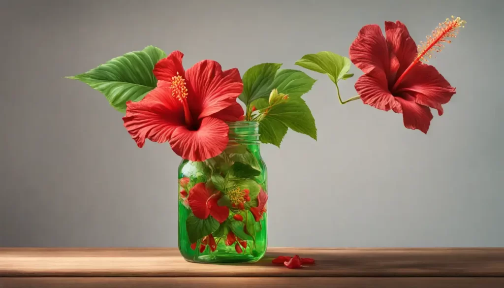 Xícara de chá de hibisco vermelho e jarra com flores de hibisco frescas em uma mesa de madeira, destacando os benefícios do chá de hibisco para a saúde.