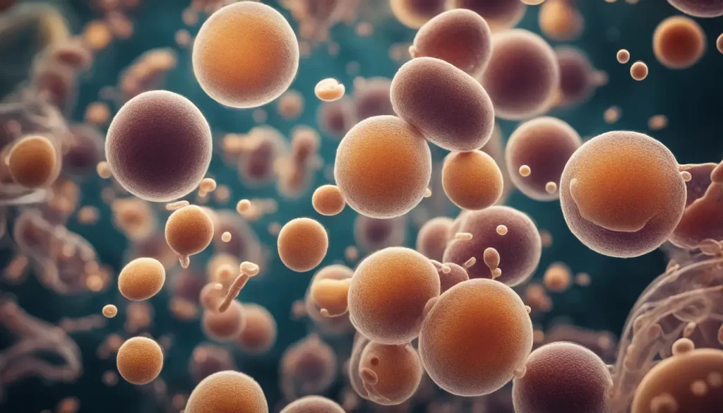 Imagem macro de diversas bactérias intestinais benéficas em formas e tamanhos variados, flutuando em líquido levemente viscoso com brilho suave.