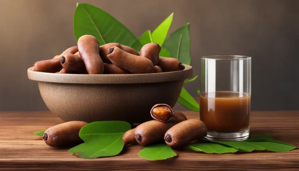 Árvore de tamarindo com folhas verdes e vagens marrons, vagens de tamarindo em uma mesa de madeira, copo de suco de tamarindo ao lado de uma tigela de polpa de tamarindo