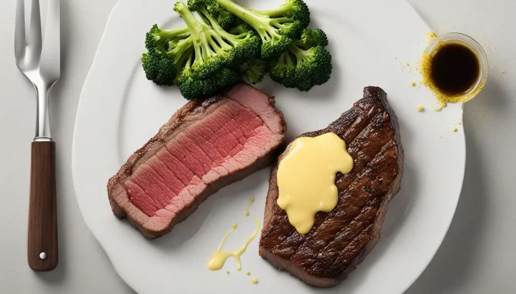 Prato branco com um grande pedaço de bife grelhado à esquerda, um pequeno florete de brócolis à direita e uma linha fina de manteiga amarela derretida do bife.