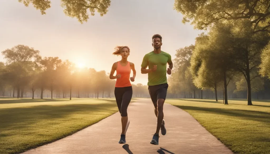 Casal correndo em um parque ao amanhecer, usando roupas de ginástica, com árvores e um caminho claro ao fundo.