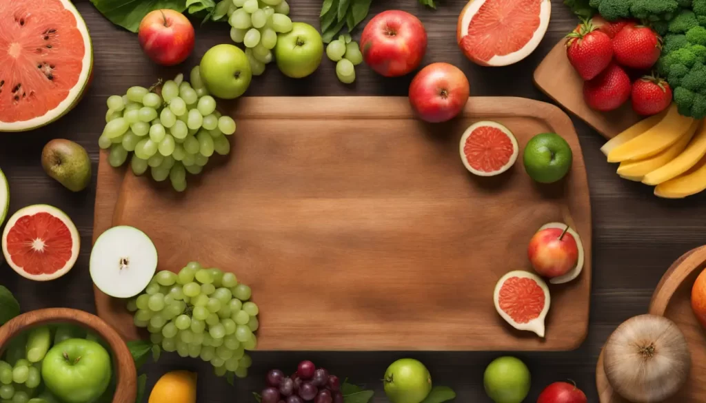 Mesa de madeira clara com pratos brancos, frutas frescas, vegetais e luz natural entrando pela janela ao fundo.