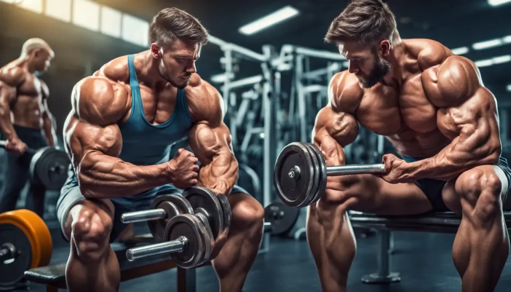 Duas figuras musculosas levantando pesos em uma academia com um recipiente de whey protein e uma garrafa de creatina sobre um banco.