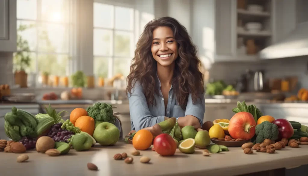 Mulher sorridente com cabelo longo e grosso, sentada à mesa da cozinha, cercada de frutas, legumes, nozes e um copo de água.