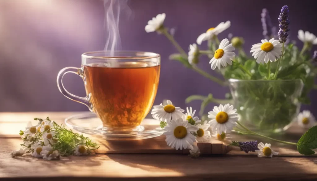 Xícara fumegante de chá de ervas com flores de camomila, folhas de hortelã e raminho de lavanda sob luz suave.