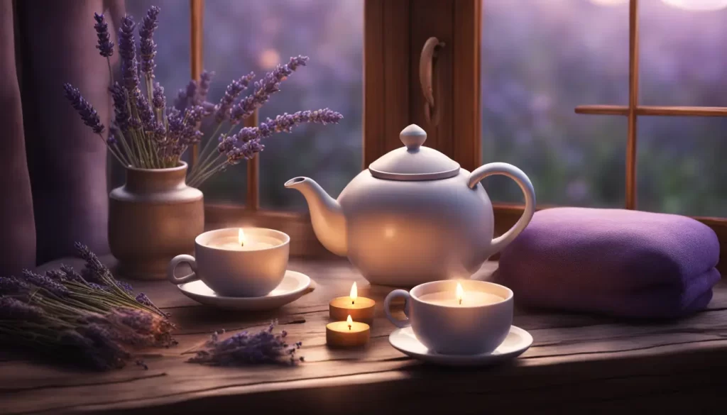 Teapot and cups on table with lavender and meditation cushion under moonlit window in cozy room.