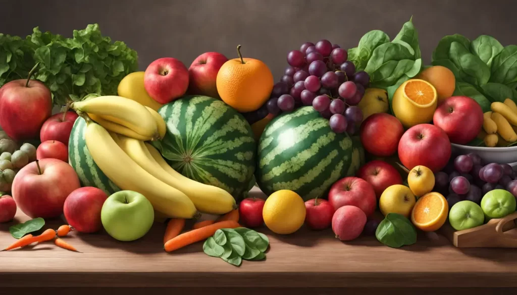 Frutas e vegetais frescos como melancia, maçãs, espinafre, cenouras, bananas e uvas sobre mesa de madeira.