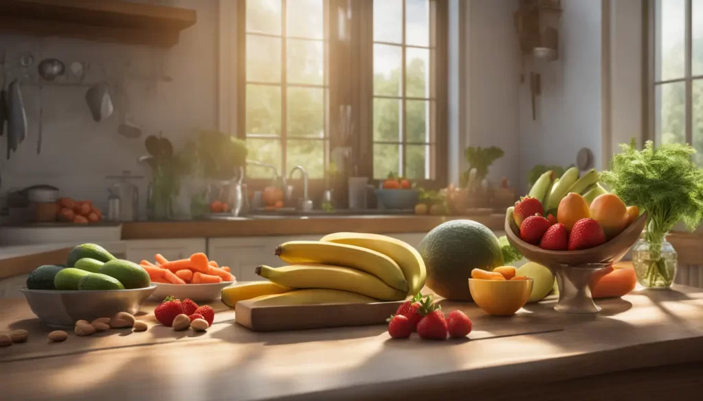 Frutas e vegetais frescos em uma mesa de madeira ao lado de um copo de água, iluminados pela luz do sol.