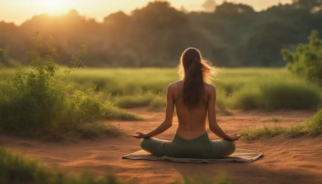 Pessoa meditando em campo verde ao amanhecer com raios de sol atravessando árvores.