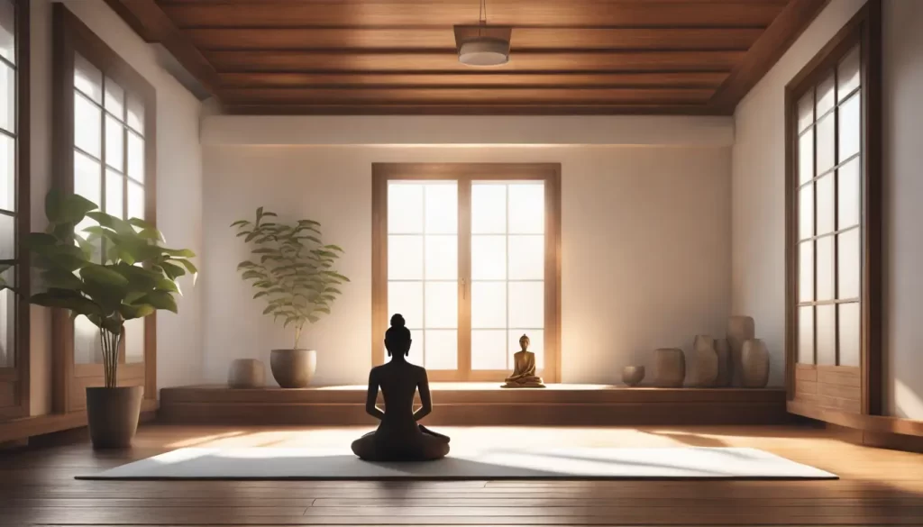 Pessoa meditando em posição de lótus em sala iluminada, com almofadas, planta e estátua de Buda ao fundo.