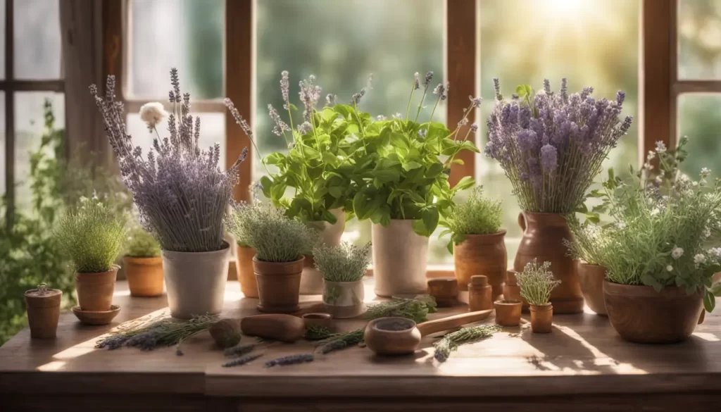 Mesa de madeira coberta com plantas medicinais como lavanda, camomila, eucalipto e hortelã, em uma sala iluminada pelo sol.