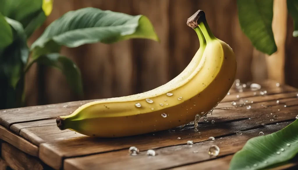 Banana amarela brilhante sobre mesa de madeira rústica com folhas verdes pequenas e gotas de água reluzentes.