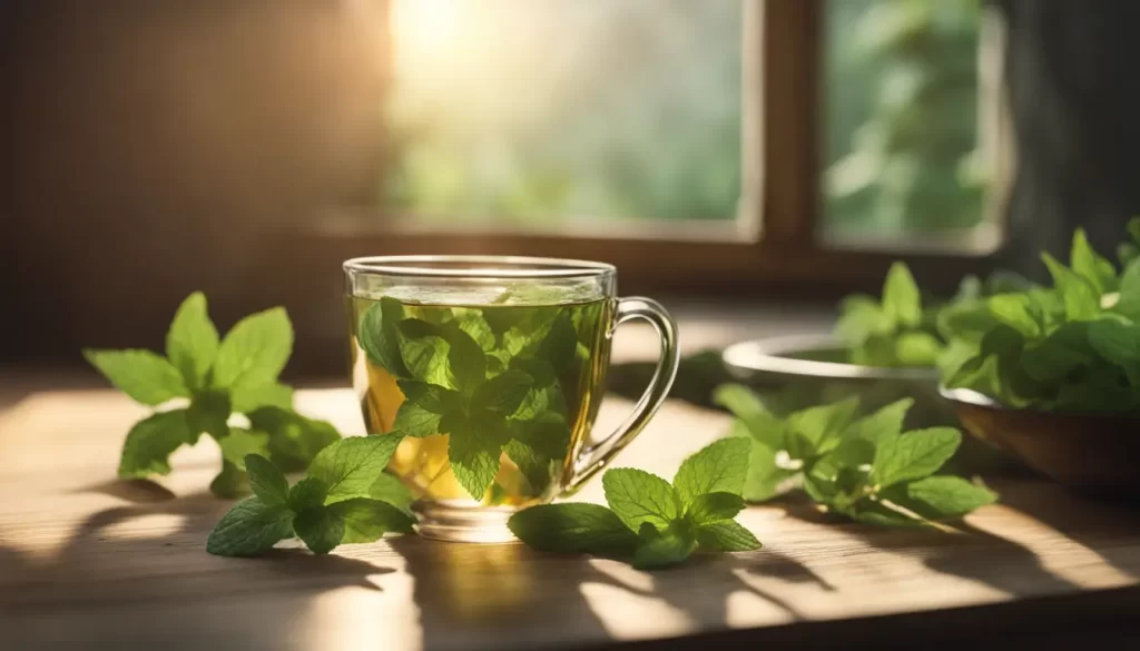 Chá de ervas fresco em xícara cercado por folhas verdes de Melissa officinalis em mesa de madeira, luz solar suave.