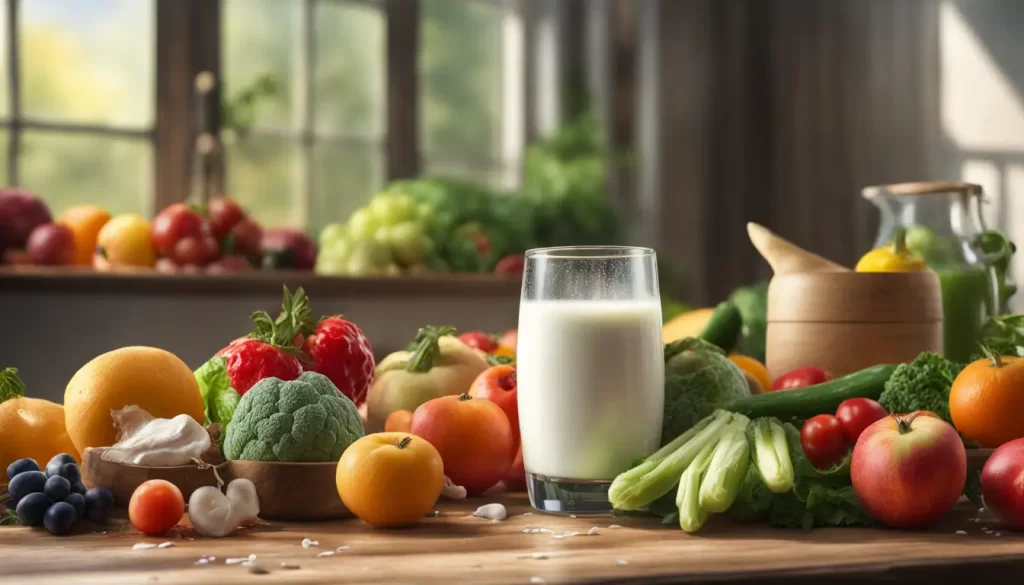 Copo de leite quebrado derramando em mesa de madeira, cercado por frutas e legumes frescos iluminados por luz suave.