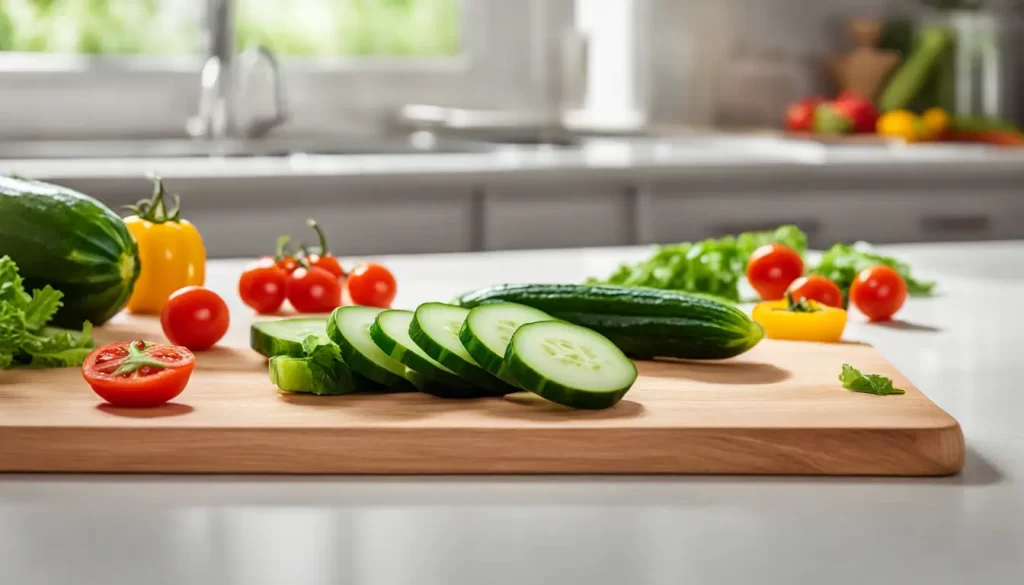 Metade de um pepino fresco em uma tábua de corte cercada por tigelas de vegetais coloridos e um copo de água com fatias de pepino.