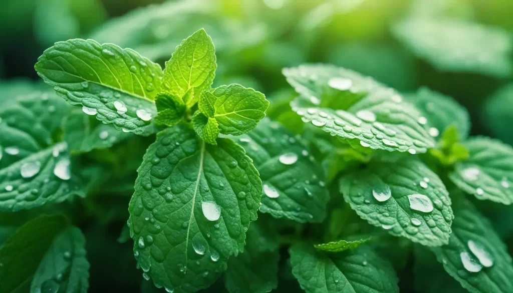 Folhas de hortelã frescas com gotas de orvalho, cor verde vibrante, iluminadas por luz suave da manhã.