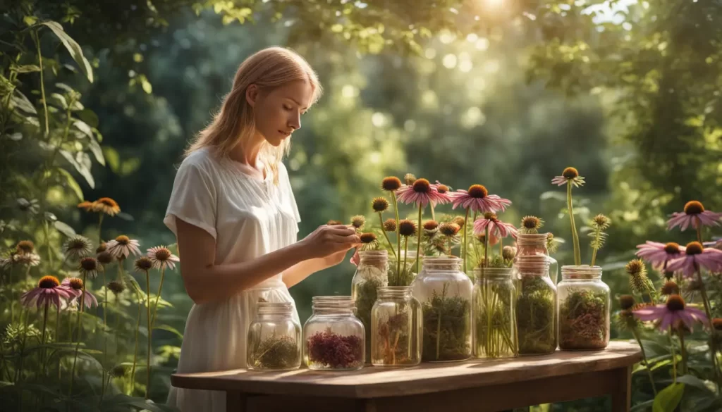 Mulher em jardim sereno com plantas medicinais vibrantes e mesa com remédios naturais sob luz suave do sol.