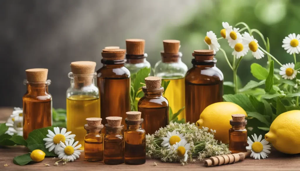 Remédios naturais dispostos em uma mesa com óleos essenciais, camomila, mel, gengibre e fatias de limão.