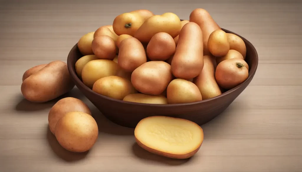 Prato de cerâmica branca com várias batatas, incluindo batata-doce laranja, batata vermelha e batata branca, sobre mesa de madeira clara.